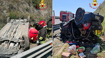 Eboli, terribile incidente sull'A2: auto esce di strada e si ribalta oltre il guard rail. Quattro feriti 