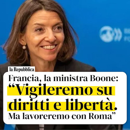 «A Roma vigileremo su diritti e libertà». Bufera sulla ministra francese Boone. Meloni: «Minaccia di ingerenza contro lo Stato» 