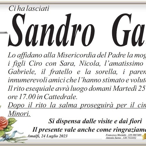 A soli 61 anni si è spento il direttore d'albergo Sandro Gatti, lutto ad Amalfi 