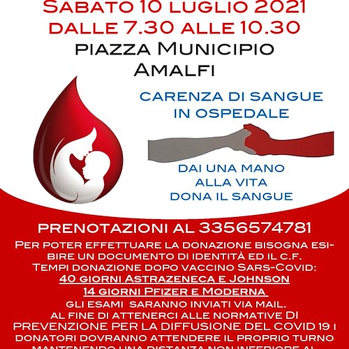 Ad Amalfi 10 luglio giornata di dono sangue, necessaria la prenotazione