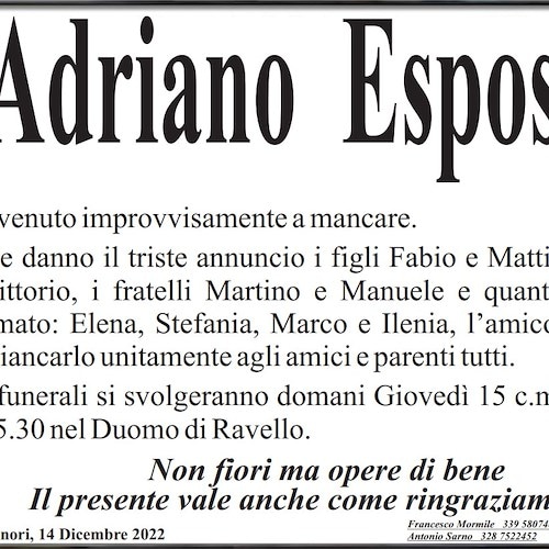Adriano Esposito stroncato da malore improvviso, lutto tra Ravello e Minori 