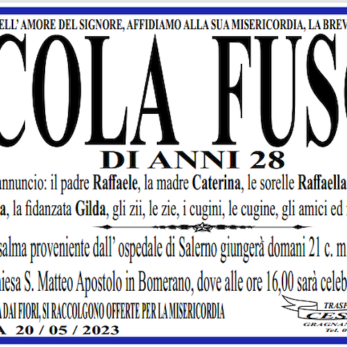 Agerola dice addio a Nicola Fusco, domani i funerali del giovane autista morto a Ravello 