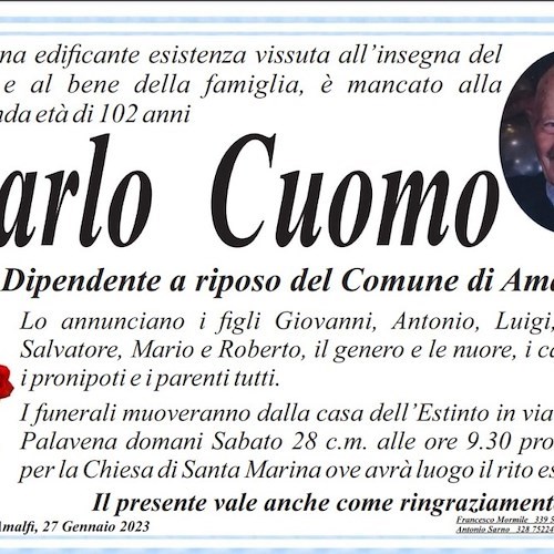 All'età di 101 anni si spegne Carlo Cuomo, era l'uomo più longevo di Amalfi 