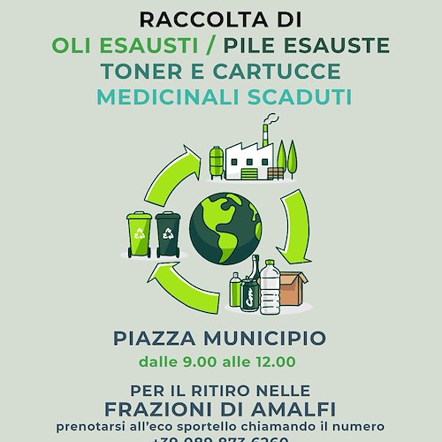 Amalfi, 7 novembre Giornata Ecologica: raccolta di oli e pile esauste, toner, cartucce e medicinali scaduti