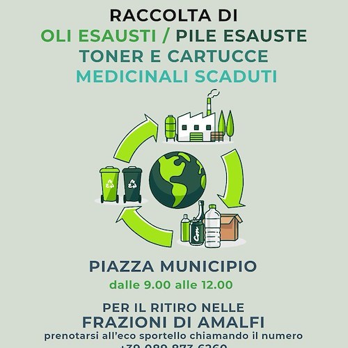 Amalfi, 7 novembre Giornata Ecologica: raccolta di oli e pile esauste, toner, cartucce e medicinali scaduti