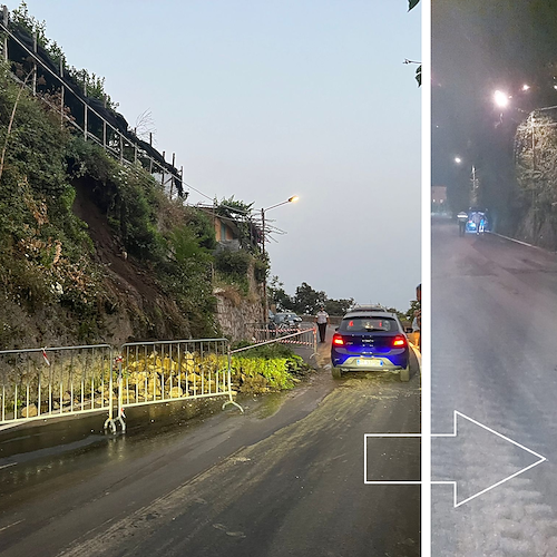 Amalfi, frana nei pressi del bivio per Agerola: rimossi in tempi record i detriti caduti sulla carreggiata / FOTO 