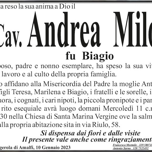 Amalfi piange il Cavalier Andrea Milone, storico Direttore dell’Hotel Luna 