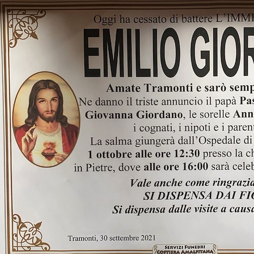 “Amate Tramonti e sarò sempre con voi”, domani i funerali di Emilio Giordano. Lutto cittadino