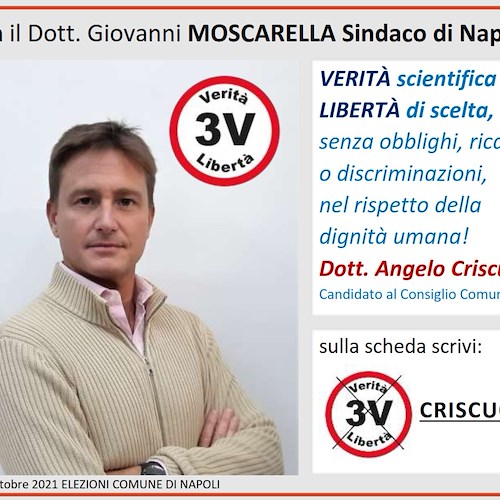 Amministrative 2021 Napoli. Angelo Criscuoli di Maiori tra i candidati del Movimento 3V, Verità e Libertà