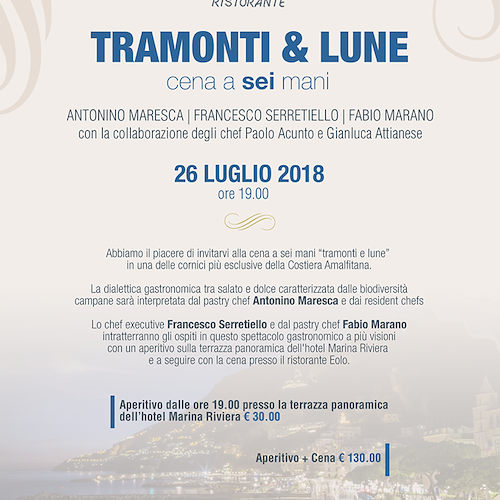 Aperitivo in terrazza con cena a sei mani all'Eolo di Amalfi: "Tramonti & lune" il 26 luglio 