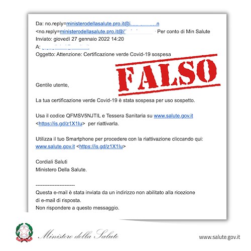 "Attenzione: Certificazione verde Covid-19 sospesa" attenzione alla mail fake che si spaccia per il Ministero della Salute 