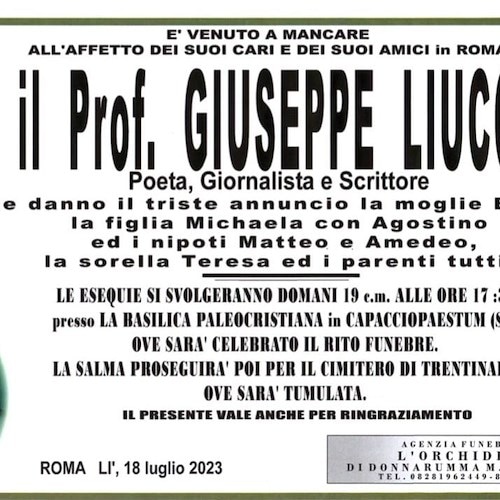 Capaccio Paestum: oggi i funerali di Giuseppe Liuccio, poeta, giornalista e scrittore