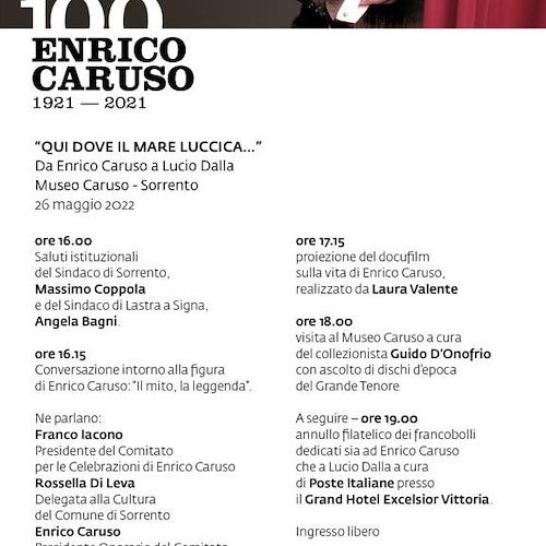Centenario scomparsa Enrico Caruso, gli eventi oggi 26 maggio a Sorrento 