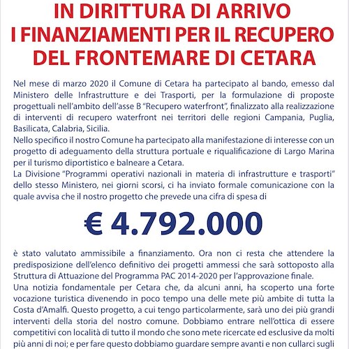 Cetara, dal Ministero delle Infrastrutture quasi 5 milioni per il recupero del frontemare di Largo Marina