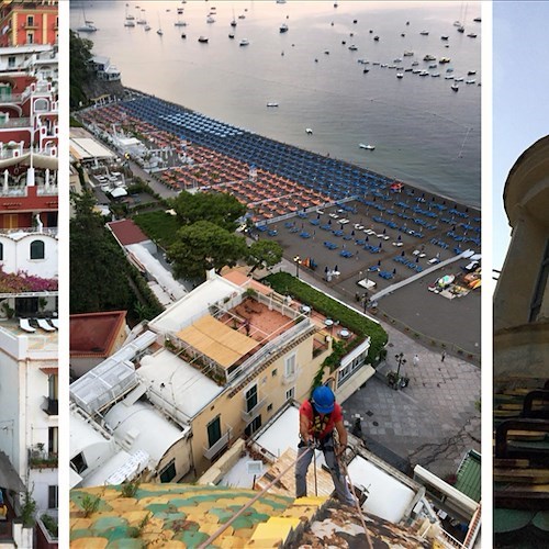 Chiesa Madre Positano. Questa mattina la pulizia delle cupola grazie a Fabio Fusco e Antonio De Simone /Foto