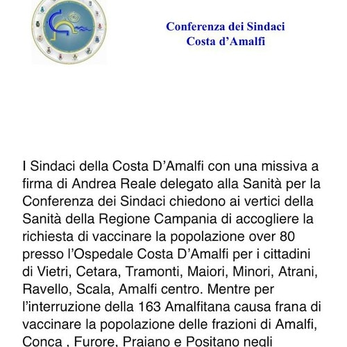 Coronavirus, Conferenza dei Sindaci della Costa d’Amalfi chiede istituzione centro vaccinale a Castiglione