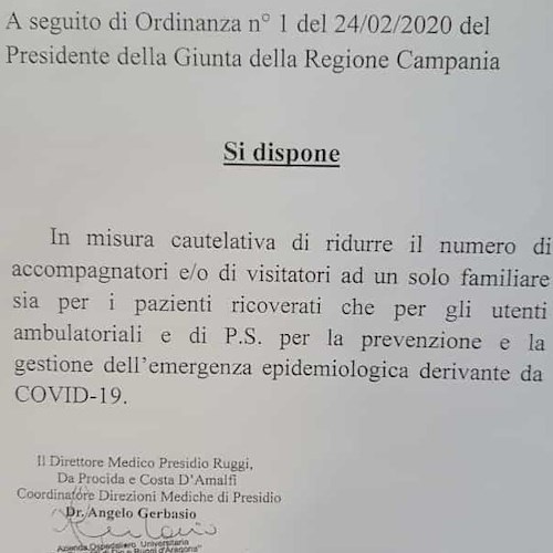 Coronavirus, le disposizioni del Presidio "Costa d'Amalfi": «Ridurre numero di accompagnatori»