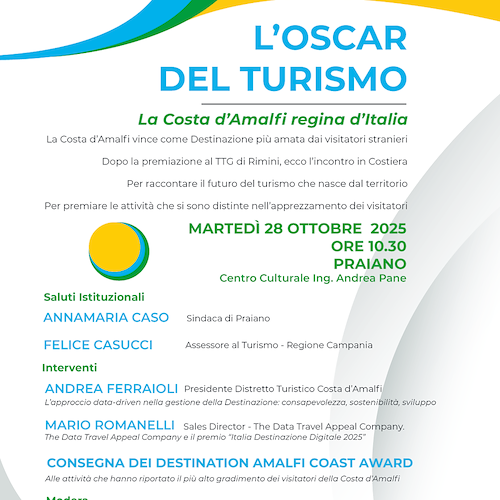 Costa d’Amalfi, meta più amata dagli stranieri: martedì a Praiano i dati e i Destination Amalfi Coast Award