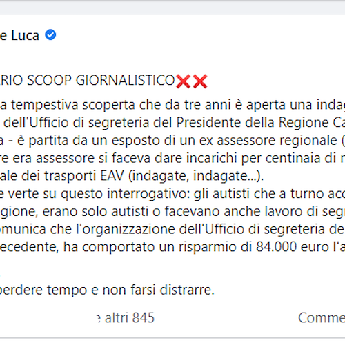 De Luca risponde alle accuse su Facebook: «Indagine uscita fuori adesso perché partita da ex assessore, ora leghista»