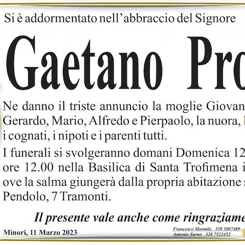 Dolore a Minori e Tramonti per la scomparsa del signor Gaetano Proto