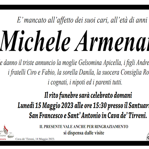 Dolore tra Cava de' Tirreni e la Costa d'Amalfi per la morte di Michele Armenante, oggi i funerali 