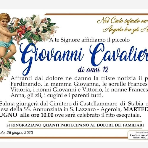 Domani 27 giugno i funerali del piccolo Giovanni Cavaliere, lutto cittadino ad Agerola