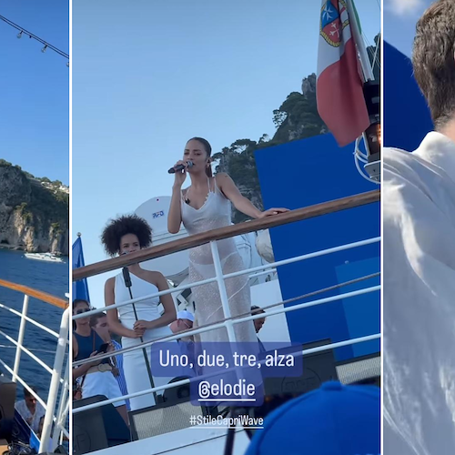 Elodie da spettacolo a Capri, concerto in barca al largo dei Faraglioni