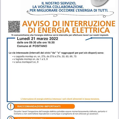 Enel, 21 marzo interruzione fornitura elettrica a Positano / VIE-ORARI