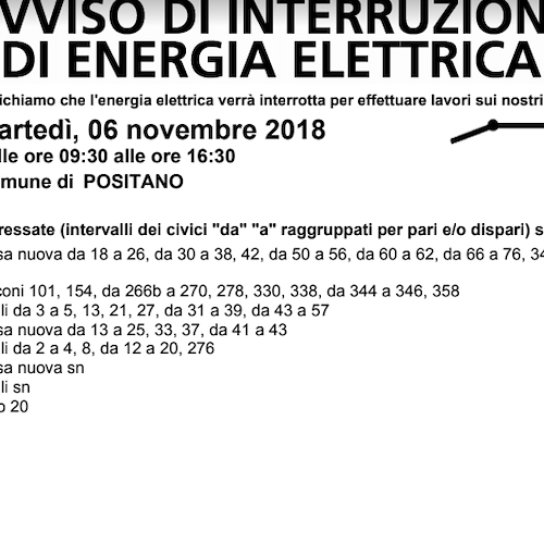 Enel, 6 novembre interruzione fornitura elettrica a Positano 