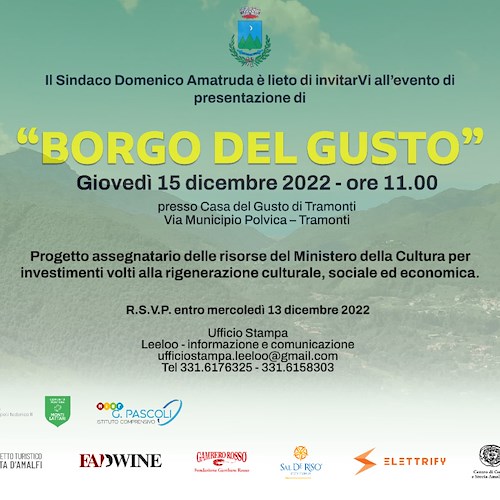 Enogastronomia, 15 dicembre la presentazione del progetto "Borgo del Gusto" a Tramonti 