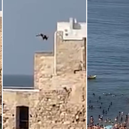 Follia a Polignano a Mare, turista sale sul tetto di una casa e si tuffa da 32 metri rischiando la vita 
