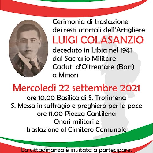I resti dell'artigliere Luigi Colasanzio restituiti alla città natale, lunedì Minori celebra il valoroso caduto in guerra