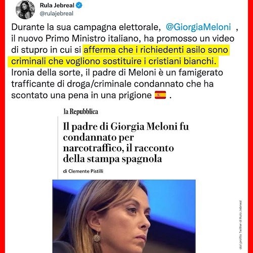 «Il padre di Meloni un criminale», bufera su Rula Jebreal. La leader di Fratelli d'Italia la querela 