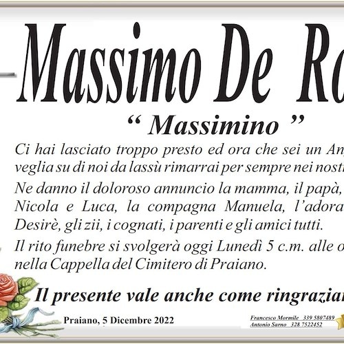 Incidente sulla Statale Amalfitana, oggi a Praiano lutto cittadino per i funerali di Massimo De Rosa