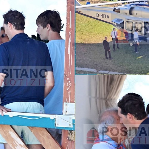In foto Jhon Elkann con don Peppe De Simone e, in un frame, l'atterraggio all'Elisuperficie Helipad Amalfi Coast