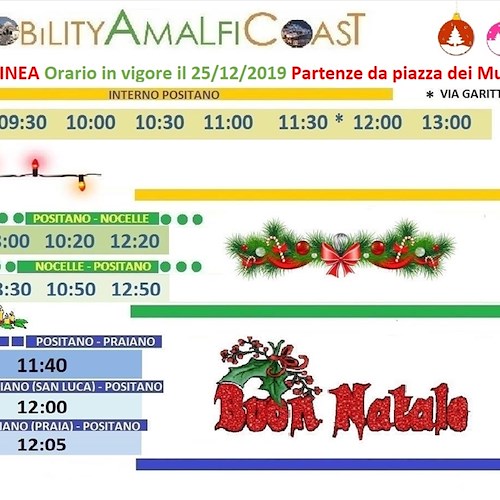 La “Mobility Amalfi Coast” comuinca orari navette interne Positano per festività natalizie