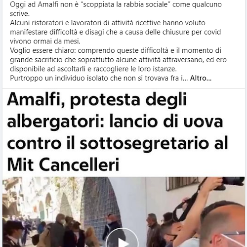 Lancio di uova contro i politici ad Amalfi, Cancelleri: «Errato accomunare i manifestanti all’unico “stupido”». Poi la frecciatina a De Luca
