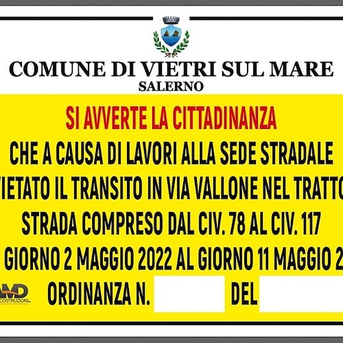 Lavori a Vietri sul Mare: dal 2 maggio vietato transito in via Vallone, garantita navetta per lavoratori 