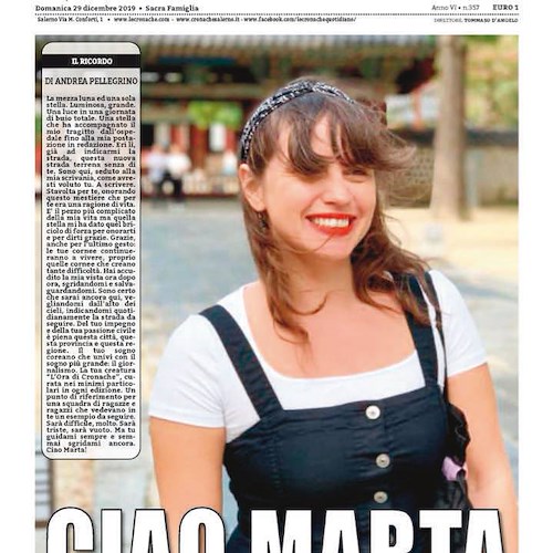 Le Cronache dedica la prima pagina alla giornalista scomparsa: CIAO MARTA