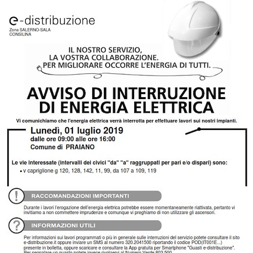 Lunedì 01 luglio avviso di interruzione di energia elettrica in via G. Capriglione a Praiano 