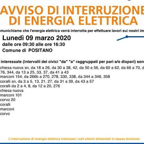 Lunedì 9 marzo interruzione di energia elettrica a Positano