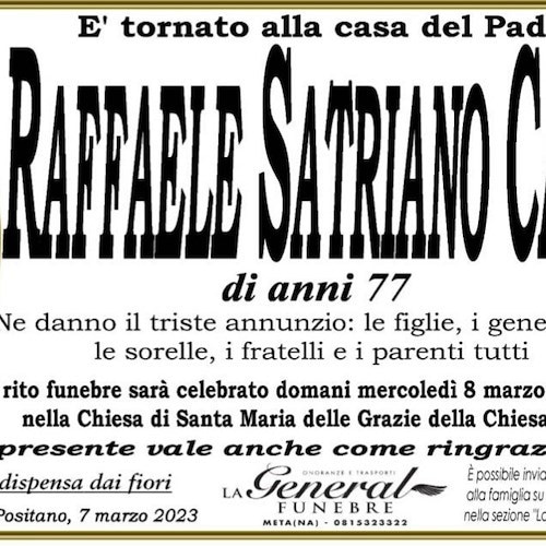 Lutto a Positano: morto a 77 anni Raffaele Satriano Casola, fratello di Don Carmine