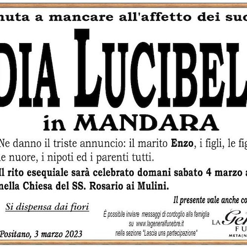 Lutto a Positano, si è spenta la signora Lidia Lucibello in Mandara 