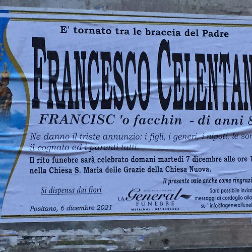Lutto a Positano: si è spento Francesco Celentano, per tutti "Francisc 'o facchin"