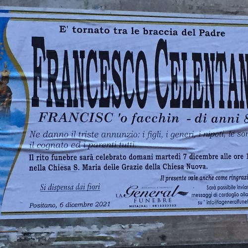 Lutto a Positano: si è spento Francesco Celentano, per tutti "Francisc 'o facchin"