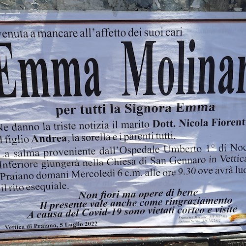 Lutto a Praiano: addio alla signora Emma Molinari, moglie del dottor Fiorentino