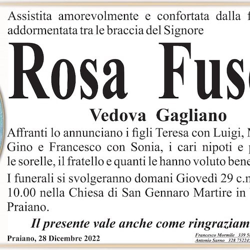 Lutto a Praiano: si è spenta a 90 anni la signora Rosa Fusco, vedova Gagliano