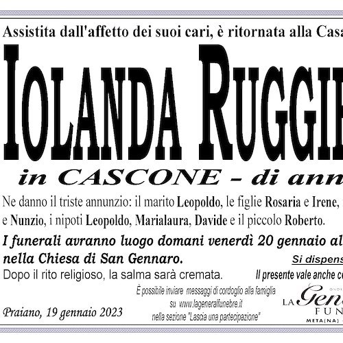 Lutto a Praiano: si è spenta la signora Iolanda Ruggiero, coniugata Cascone