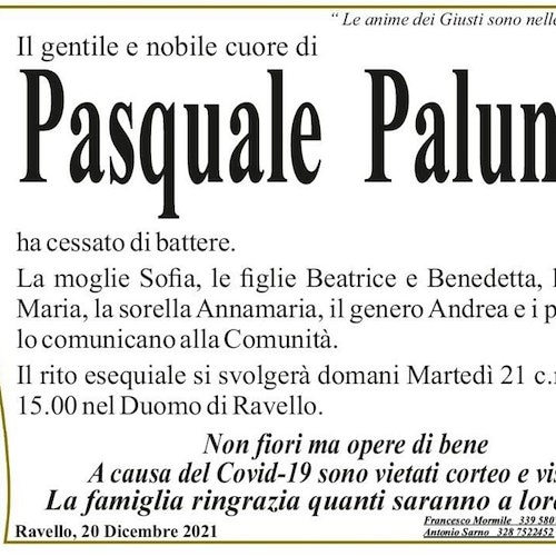 Lutto a Ravello per la morte di Pasquale Palumbo, oggi pomeriggio i funerali