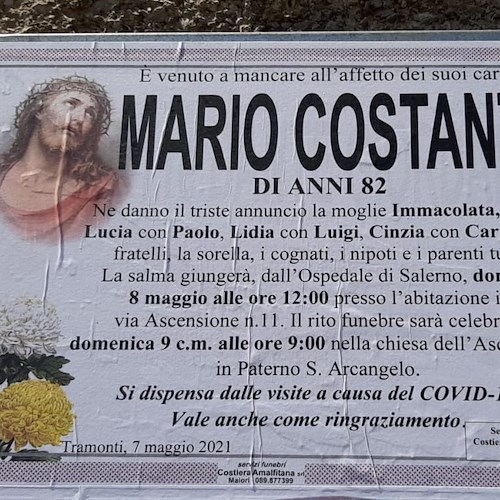 Lutto a Tramonti per la scomparsa di Mario Costante